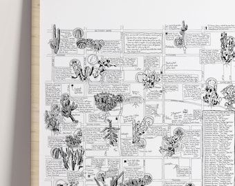 Illustrated Cactus Wall Map - Phoenix Cactus Map, Botanical Wall Map, Illustrated Wall Map, Unframed Arizona Wall Map