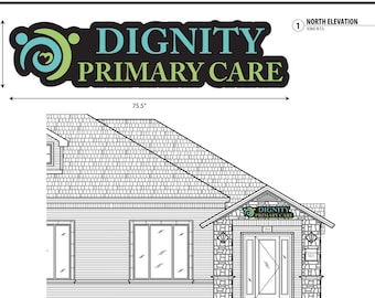 Può includere: Un disegno architettonico tecnico dell'elevazione nord di un edificio con un'insegna per Dignity Primary Care. L'insegna include un logo color verde acqua e verde lime con il testo Dignity Primary Care. Il disegno mostra una larghezza di 191,77 cm.