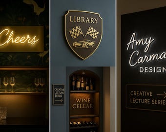 Può includere: Una collezione di insegne che include un'insegna al neon dorata Cheers, una targa a forma di scudo Library con un'auto e bandiere a scacchi, un'insegna al neon Amy Carman Design e insegne rettangolari Wine Cellar e Creative Lecture Series con una freccia.