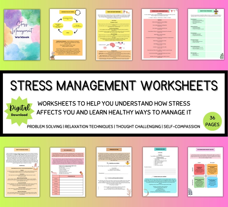 May include: A digital download of stress management worksheets. The cover of the workbook is a watercolor design with the words "Stress Management Workbook." The worksheets include problem-solving, relaxation techniques, and self-compassion exercises. The image shows 36 pages.