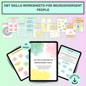 May include: A digital download of 33 pages of DBT skills worksheets and exercises for neurodivergent people. The cover page features a watercolor background with a pink, yellow, and green color scheme. The title "DBT Skills Exercises for Neurodivergent People" is written in black text. The text "Lots of simple exercises to help you regulate your emotions, self-soothe and avoid meltdowns or sensory overload" is written in black text.