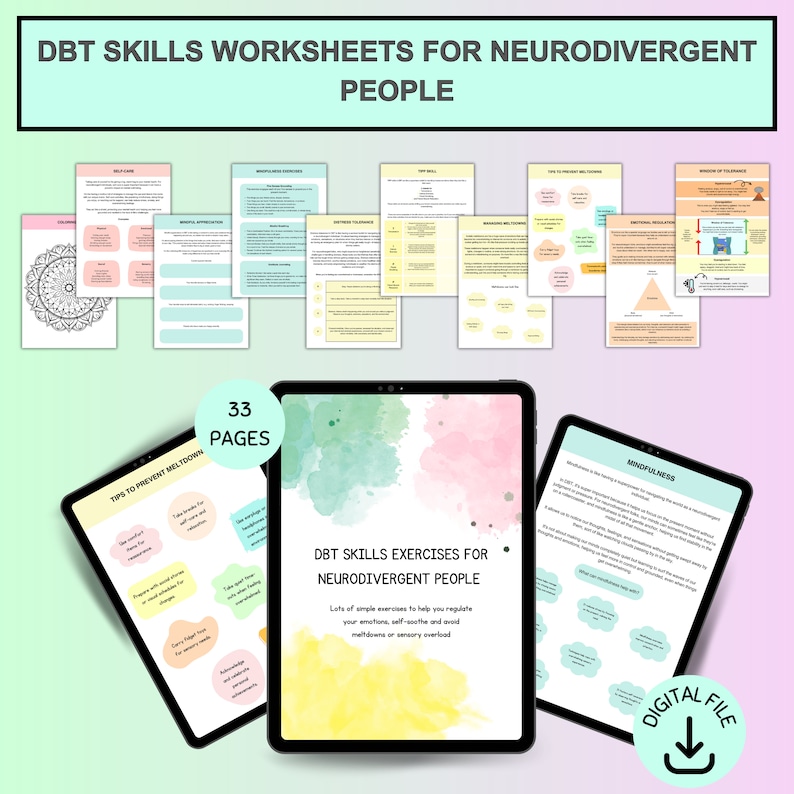 May include: A digital download of 33 pages of DBT skills worksheets and exercises for neurodivergent people. The cover page features a watercolor background with a pink, yellow, and green color scheme. The title "DBT Skills Exercises for Neurodivergent People" is written in black text. The text "Lots of simple exercises to help you regulate your emotions, self-soothe and avoid meltdowns or sensory overload" is written in black text.