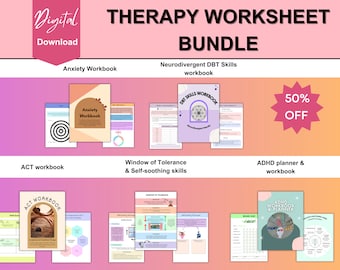 May include: A digital download bundle of therapy worksheets for anxiety, neurodivergent DBT skills, ACT, window of tolerance and self-soothing skills, and ADHD planning and workbooks. The bundle is 50% off.