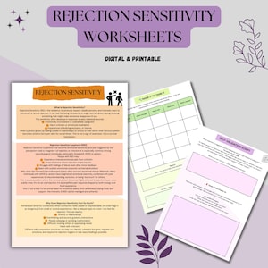 以下が含まれることがあります： ピンクとパープルの花柄のデザインが施された、拒絶感のワークシートを印刷できます。ワークシートには、「拒絶感とは何か」、「拒絶感によるディスフォリア」、「なぜ拒絶はこんなに辛いのか」、「名前をつけて飼いならす」、「自己肯定スクリプト」、「インナーチャイルドチェックイン」のセクションが含まれています。