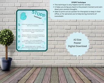 Puede incluir: Un póster azul y verde con el texto "STOPP Technique" y una lista de pasos para ayudar a controlar la ansiedad. El póster está diseñado para ser impreso y utilizado como herramienta para terapeutas o individuos.