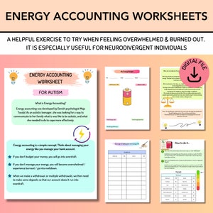 Op de afbeelding: Een digitaal bestand met werkbladen voor energieboekhouding. De werkbladen bevatten secties over energiebudgettering, energieboekhouding voor autisme en het beheer van energieniveaus. De tekst bevat de zin "Energy Accounting Worksheets".