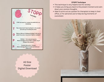 Puede incluir: Un póster rosa y azul con el acrónimo STOPP en letras blancas grandes. El póster describe una técnica para controlar la ansiedad con el acrónimo STOPP. El póster está diseñado para ser impreso como un póster para terapeutas o para uso personal.