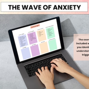 May include: A laptop computer with a white background showing a worksheet titled "The Wave of Anxiety" with sections for identifying triggers, common thoughts, my thoughts, my triggers, common healthy responses, and my healthy responses. The exercises included will help you identify and understand your triggers.
