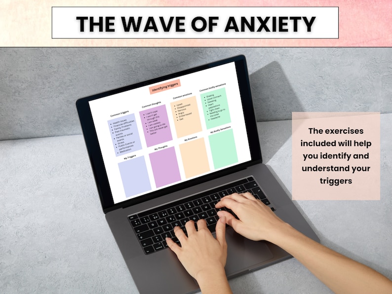 May include: A laptop computer with a white background showing a worksheet titled "The Wave of Anxiety" with sections for identifying triggers, common thoughts, my thoughts, my triggers, common healthy responses, and my healthy responses. The exercises included will help you identify and understand your triggers.