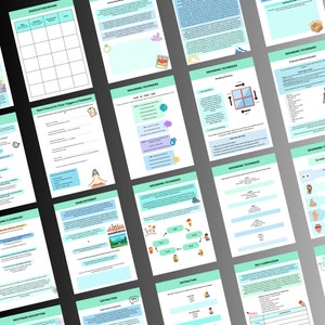 May include: A set of printable worksheets with a teal and white color scheme. The worksheets include topics such as grounding techniques, self-compassion, and managing flashbacks.