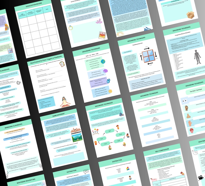 May include: A set of printable worksheets with a teal and white color scheme. The worksheets include topics such as grounding techniques, self-compassion, and managing flashbacks.