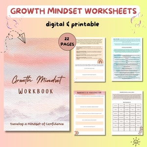 May include: A digital and printable growth mindset workbook with 22 pages. The cover features a watercolor background with a pink and white color scheme. The title "Growth Mindset Workbook" is written in brown text. The subtitle "Develop a mindset of confidence" is written in smaller brown text.