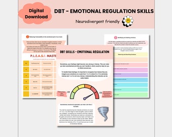 Può includere: Download digitale con abilità di regolazione emotiva DBT (Terapia Dialettico Comportamentale). Il design include infografiche con testo e diagrammi, una tavolozza di colori rosa, bianco e giallo e una grafica a margherita.