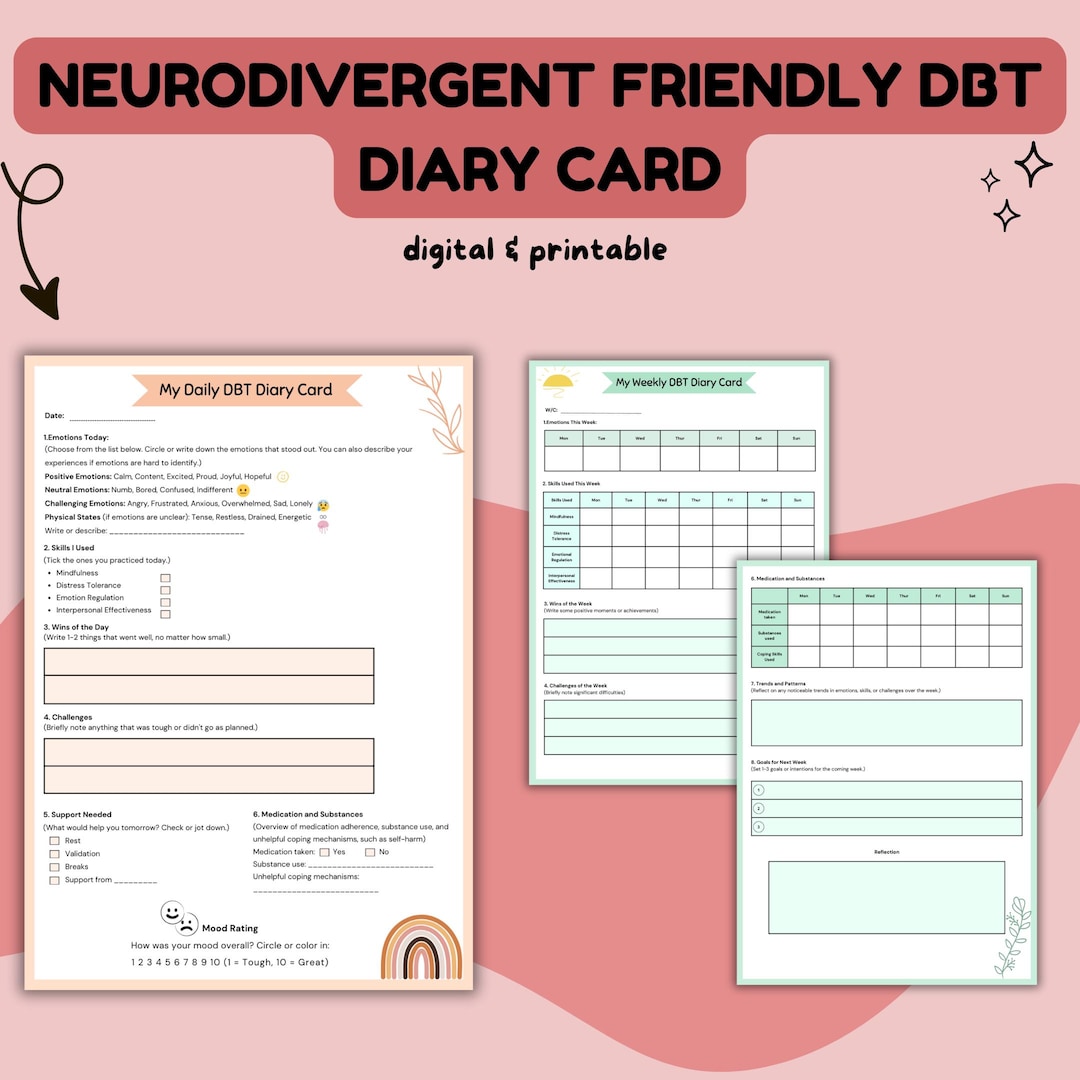 Neurodivergent Friendly DBT Diary Cards, DBT Diary, DBT Skills Tracking ...