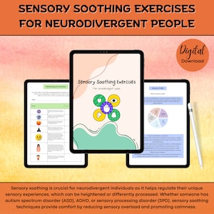 Peut inclure: Trois tablettes noires affichant des « Exercices apaisants sensoriels » et du contenu « Surveiller vos émotions ». Un stylet blanc repose à droite. Les tablettes ont un fond blanc avec des graphiques et du texte colorés. Le texte supérieur indique « Exercices apaisants sensoriels pour les personnes neurodivergentes ».