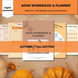 May include: A digital download for an ADHD workbook and planner with an autumn theme. The cover features a fall leaf design and the text "ADHD Workbook & Planner Autumn/Fall Edition".