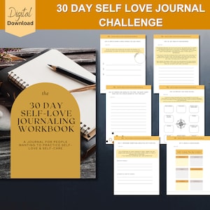 Desafio de 30 dias de diário de amor-próprio, diário de autodescoberta, planejador de autocuidado, crescimento pessoal, diário digital de mindfulness, autoaceitação