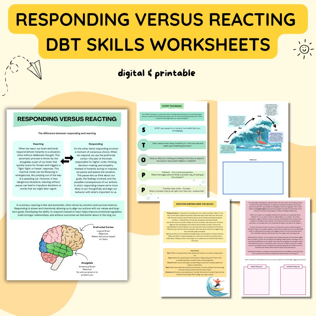 Responding Vs Reacting Worksheets, Emotional Regulation Tools, DBT ...