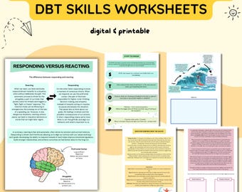 May include: Printable DBT skills worksheets with colorful illustrations and text explaining the difference between responding and reacting. The worksheets include a diagram of the brain and a surfer riding a wave.