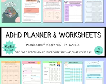 May include: A digital download of 32 printable pages for an ADHD planner and worksheets. The pages include a yearly planner, daily planner, reward chart, weekly chore chart, focus plan, goal setting activity, attention tools, attention training experiment, and habit planner. The pages are colorful and feature cute illustrations.