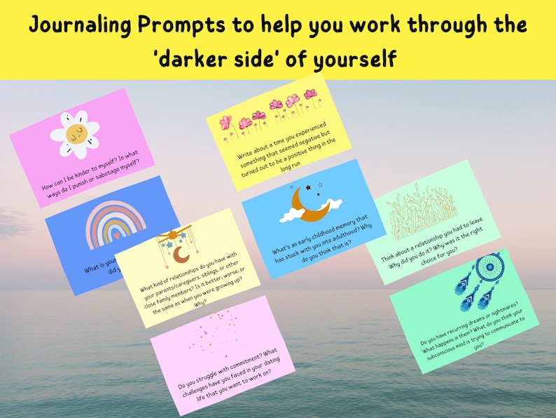 May include: A set of colorful journaling prompts with illustrations on each card. The prompts are designed to help you work through the 'darker side' of yourself.  The prompts include questions about kindness, relationships, childhood memories, and recurring dreams.