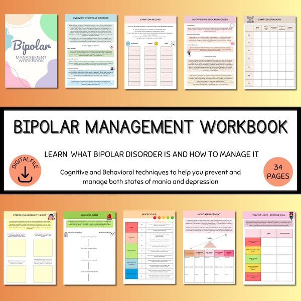 Bipolar Management Workbook, Bipolar Disorder Therapy, Bipolar Therapy Worksheets, Mania, Depression, Bipolar Symptom Tracker, Mood Tracker