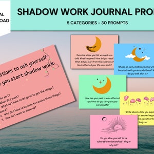 May include: A set of 30 colorful journal prompts for shadow work, divided into 5 categories. Each card features a moon, stars, or sun graphic and a question or prompt related to self-reflection and personal growth.