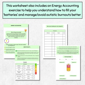 May include: A worksheet with a green background and a title that reads "Energy Accounting". The worksheet includes a description of energy accounting, how to do it, and an example. The worksheet also includes a section for making an energy list and an energy budget.