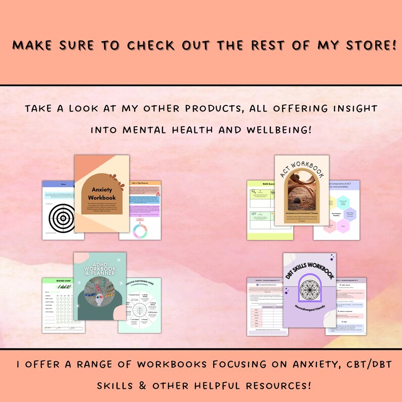 May include: A collection of printable workbooks for mental health and wellbeing. The workbooks cover topics such as anxiety, ADHD, ACT, and DBT skills. The workbooks feature colorful illustrations and are designed to be easy to use.