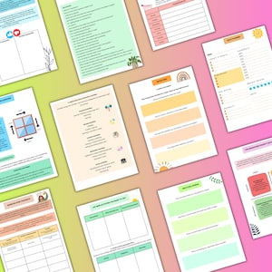 May include: A collection of printable planner pages and worksheets, featuring a variety of layouts for daily planning, reflection, and stress reduction. The pages have a colorful design with pastel backgrounds and illustrations.