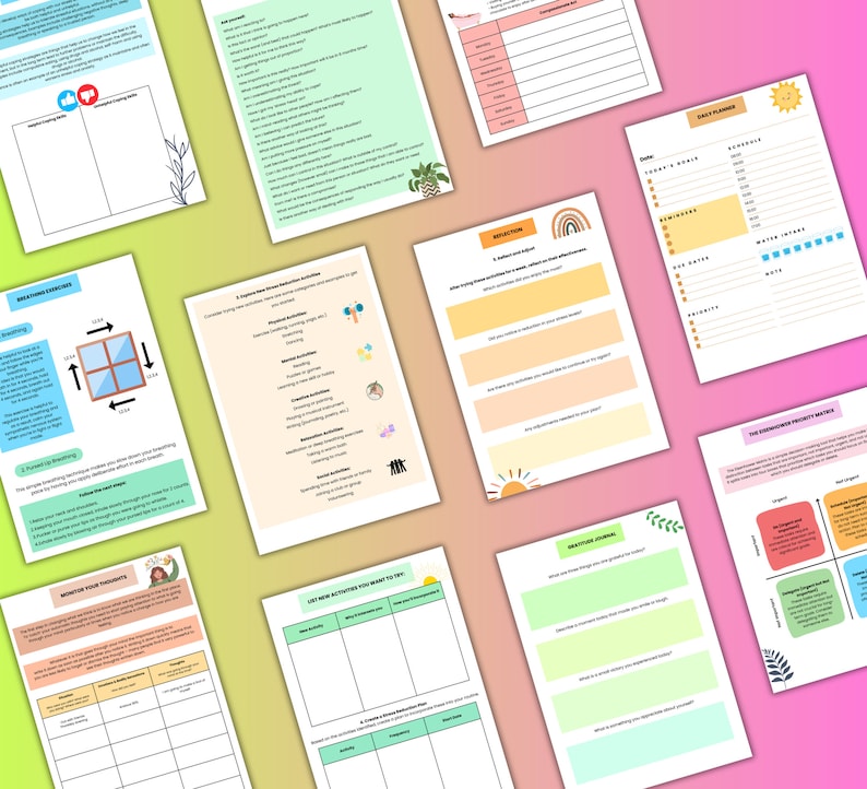 May include: A collection of printable planner pages and worksheets, featuring a variety of layouts for daily planning, reflection, and stress reduction. The pages have a colorful design with pastel backgrounds and illustrations.
