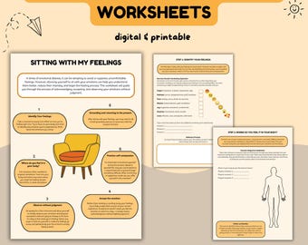 May include: Printable worksheets titled "Sitting with Your Feelings" with a yellow armchair illustration and steps for identifying, grounding, and accepting emotions. The worksheets are a therapeutic tool to help understand and manage emotions better.