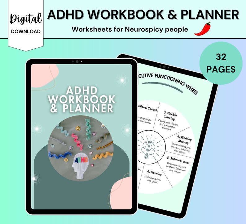 May include: A digital download for an ADHD workbook and planner with 32 pages. The cover features a green background with a brain illustration and colorful yarn swirls. The title "ADHD Workbook & Planner" is in white text. The text "Worksheets for Neurospicy people" is in white text. The text "32 Pages" is in white text on a red background.