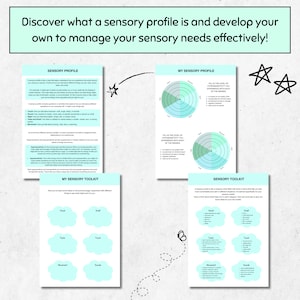 May include: A printable worksheet with the title "Sensory Profile" and "My Sensory Toolkit" to help understand and manage sensory needs. The worksheet includes a sensory profile chart with a circle divided into sections for each sense, and a sensory toolkit chart with a grid of cloud shapes for each sense.