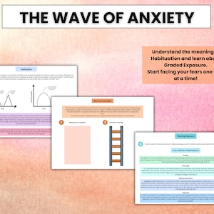 May include: A worksheet with the title "The Wave of Anxiety" and a diagram explaining the concept of habituation. The worksheet also includes a section on "Graded Exposure" with a ladder graphic and instructions on how to work up the ladder to face fears.