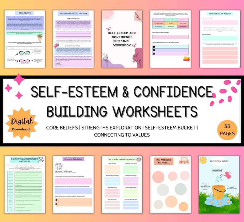 May include: A digital download of 33 printable worksheets for building self-esteem and confidence. The worksheets cover topics such as core beliefs, strengths exploration, self-esteem bucket, and connecting to values. The worksheets are designed to be used by individuals or in group settings.