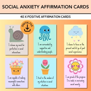 Afirmaciones para la ansiedad social, Tarjetas de afirmación, Técnicas para afrontar la ansiedad, Tarjetas con frases positivas, Alivio de la ansiedad, TCC, Decoración de consultorios de terapia