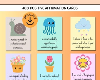 Social Anxiety Affirmations, Affirmation Cards, Anxiety Coping Skills, Positive Quote Flash Cards, Anxiety Relief, CBT, Therapy Office Decor