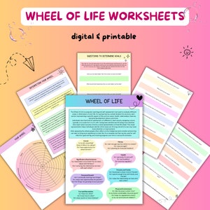 May include: A set of printable worksheets for a wheel of life exercise. The worksheets are in a digital format and feature a colorful design with pink, blue, and yellow accents. The worksheets include questions to help you determine your goals and interpret your wheel of life.