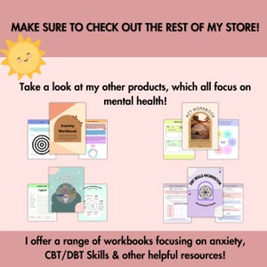 May include: A collection of printable workbooks focusing on mental health. The workbooks cover topics such as anxiety, ADHD, ACT, and DBT skills. The workbooks are colorful and feature illustrations.