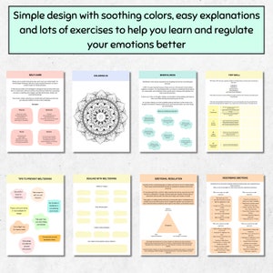 May include: A printable workbook with colorful pages and black and white illustrations. The workbook is designed to help people learn and regulate their emotions. The pages include sections on self-care, coloring, mindfulness, tip skills, preventing meltdowns, dealing with meltdowns, emotional regulation, and describing emotions.