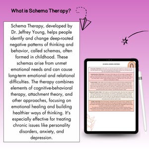 May include: A pink and white illustration of a tablet with a text description of Schema Therapy, a type of therapy that helps people identify and change negative patterns of thinking and behavior. The text on the tablet describes different schema modes.