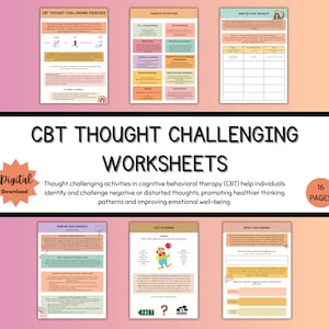 Thought Challenging Worksheets, Negative Self Talk, Thought Record, CBT Therapy, CBT Resources, Cognitive Restructuring, Thought Processing
