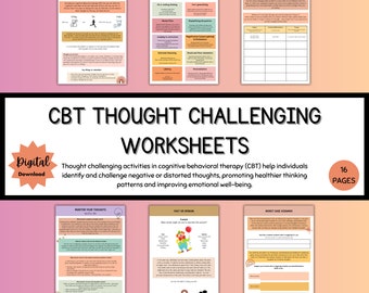 Thought Challenging Worksheets, Negative Self Talk, Thought Record, CBT Therapy, CBT Resources, Cognitive Restructuring, Thought Processing