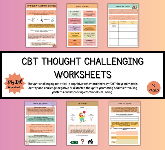 Thought Challenging Worksheets, Negative Self Talk, Thought Record, CBT Therapy, CBT Resources, Cognitive Restructuring, Thought Processing