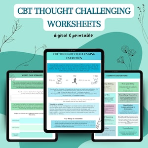 CBT Thought Challenging Worksheets, Thought Record, Cognitive Restructuring, Negative Thoughts, Thought Processing, Self Care Worksheets