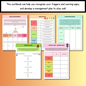 Peut inclure: Un classeur imprimable avec des graphismes et du texte color&eacute;s pour aider &agrave; g&eacute;rer l'humeur et les signes avant-coureurs. Le classeur comprend des sections sur la gestion de l'humeur, l'&eacute;chelle de l'humeur, les signes avant-coureurs, le feu de circulation - bien-&ecirc;tre, et les ressources d'adaptation.