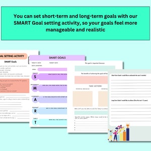 May include: A printable worksheet with a light blue background and colorful accents. The worksheet is titled "Goal Setting Activity" and includes a section for "SMART Goals". The worksheet is designed to help users set and achieve goals.