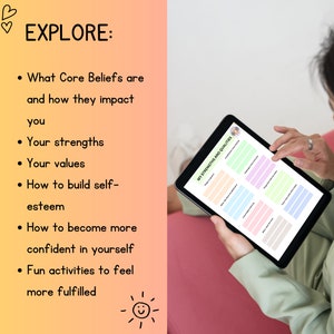 May include: A digital tablet with a worksheet titled "My Strengths and Qualities" with colorful boxes for writing. The worksheet is on a tablet being held by a person.