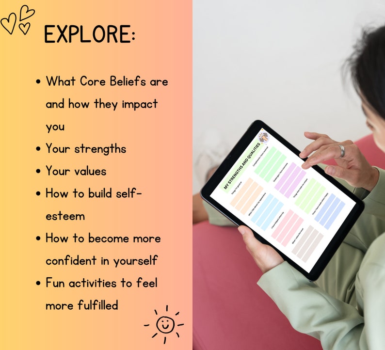 May include: A digital tablet with a worksheet titled "My Strengths and Qualities" with colorful boxes for writing. The worksheet is on a tablet being held by a person.